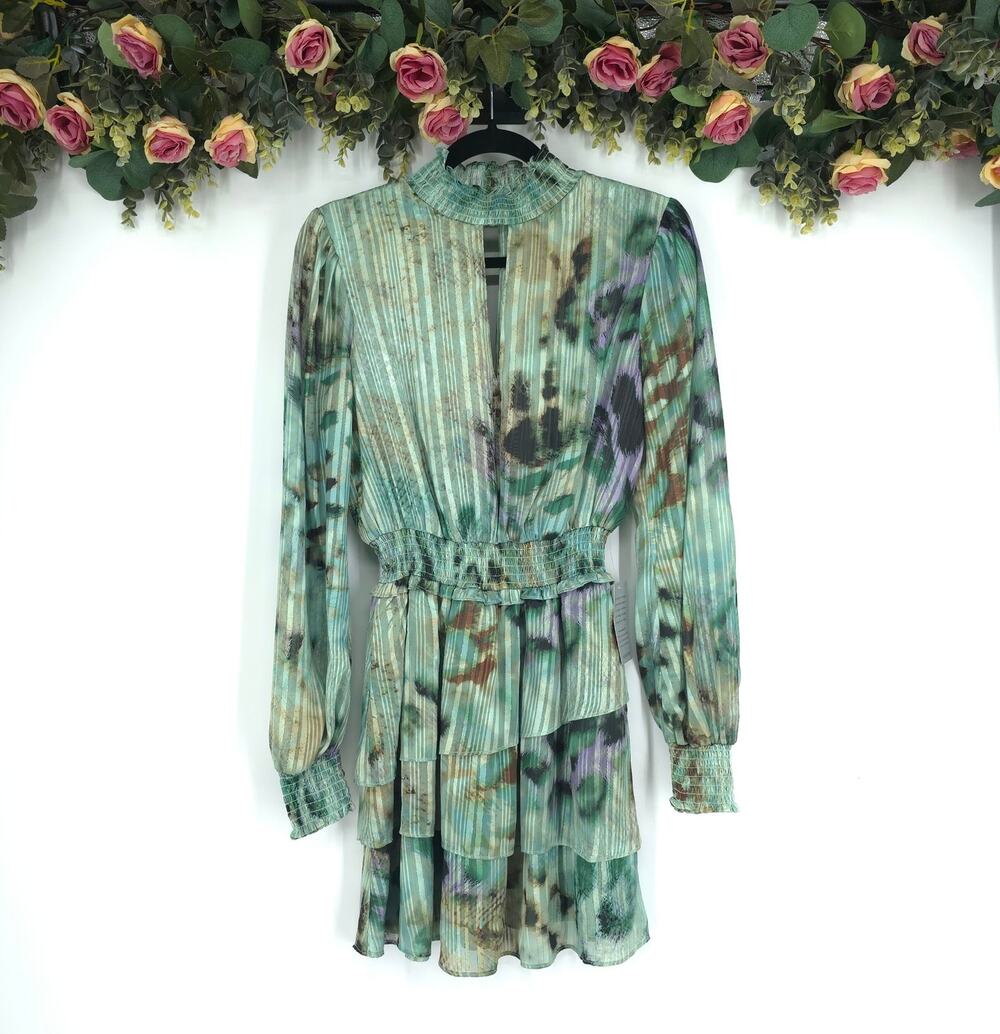 Socialite Print Metallic Smocked Long Sleeve Minidress Size XS NWT